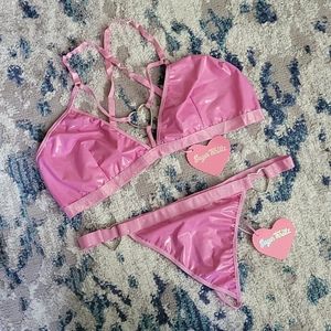 Dolls Kill-Sugar Thrillz Pink Vinyl Lingerie Set